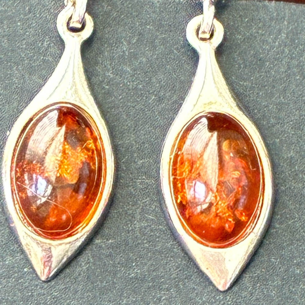 Amber Cabochon Drop Earrings - Silver Tone - Picture 4 of 4